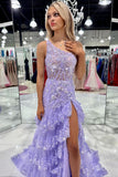 Luxury Lace One Shoulder Sequined Appliques Multi Layers Split Prom HZ0307