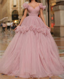 Pink Tulle A-Line Off The Shoulder Party Dress, Long Prom Dresses, Floral Prom HZ0307