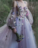 LTP1005,Purple tulle evening dress a-line prom dresses floral formal HZ0307