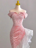 Super Sweet Bodycon Party Dress Off The Shoulder Irregular Pink Glitter Prom HZ0307