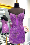 Purple Applique Beaded Spaghetti Straps Homecoming HZ0307