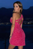 One Shoulder Open Back Sequin Hot Pink Homecoming HZ0307