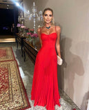 LTP1246,Red Pleated Long Prom Evening Dresses,Red Spaghetti Straps Formal HZ0307