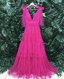 LTP1214,Empire A-line Pink Tulle Long Formal Dress,Hot Pink A-Line Evening Prom HZ0307
