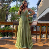 LTP1219,Green V-Neck Dubai Evening Dresses Soft Tulle Long Women Formal Prom HZ0307