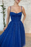LTP1386,Spaghetti Straps Sweetheart Tea Length Blue Prom Dresses With HZ0307