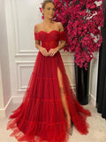 LTP1220,Red Prom Dress Off Shoulder Evening Dresses A Line Leg Split Tulle Formal Party HZ0307