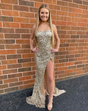 LTP1727,Simple Gold Spaghetti Straps Long Prom Dresses, Sequined Mermaid Evening Party HZ0307