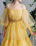 Yellow tulle lace long prom dress party HZ0307