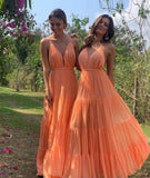 LTP0896,Orange v neck chiffon long prom dress simple evening HZ0307