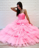 LTP0950,Pink Tulle Sweet 16 Dresses Princess Strapless Long Formal Prom HZ0307