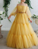 Yellow tulle lace long prom dress party HZ0307