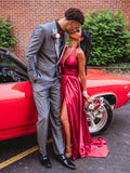 LTP1730,Sexy Hot Pink A-Line Prom Dresses, V-Neck Satin Long Evening HZ0307
