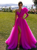 LTP1666,Hot Pink Floral A-Line Tulle Prom Dresses,Long Split Evening Party Dresses,Wedding Party HZ0307