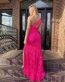 LTP1012,Hot Pink Sequins Long Prom Dresses with Side Slit One Shoulder Formal Party HZ0307