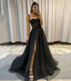 LTP0774,Black sweetheart neck tulle long prom dress,black tulle evening dresses,sparkle sweetheart prom evening HZ0307