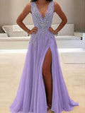 Luxury Purple Beaded V-Neck Long Prom HZ0307