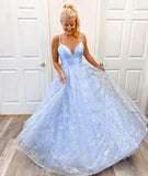 LTP1033,Charming Tulle V neck Blue Starry Sequin Prom Dress, Long A-Line Evening HZ0307