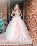 LTP1057,Light pink a-line prom dresses,tulle beaded long evening formal HZ0307