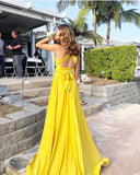 LTP0897,Sexy Yellow Party Dress with Slit,Backless V Neck Prom HZ0307