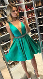 LTP1390,Green V-Neck Beaded Homecoming Dresses Satin Short Prom HZ0307