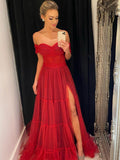 LTP1220,Red Prom Dress Off Shoulder Evening Dresses A Line Leg Split Tulle Formal Party HZ0307