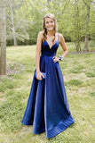 LTP1640,Simple Blue V Neck Satin Long Prom Dress Blue Formal HZ0307