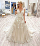 LTP1062,Light champagne tulle prom dress,a-line applique v-neck long evening formal dresses,long wedding HZ0307