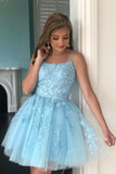 LTP1403,A Line Light Blue Tulle Homecoming Dress With Lace Appliques,Short Prom HZ0307
