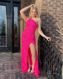 LTP1012,Hot Pink Sequins Long Prom Dresses with Side Slit One Shoulder Formal Party HZ0307