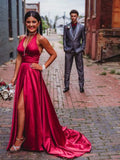 LTP1730,Sexy Hot Pink A-Line Prom Dresses, V-Neck Satin Long Evening HZ0307