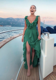 LTP1259,Sexy Green Chiffon Ruffles Side Slit Prom Evening HZ0307