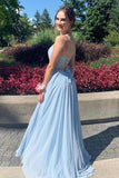 LTP1198,Baby Blue Chiffon A-Line Prom Dresses,Cross Back Floor Length Evening HZ0307