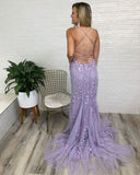 LTP0901,Lavender prom dress applique mermaid evening dresses tulle prom HZ0307