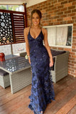 Navy blue spaghetti straps mermaid long prom HZ0307