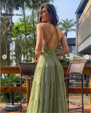 LTP1219,Green V-Neck Dubai Evening Dresses Soft Tulle Long Women Formal Prom HZ0307