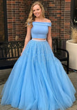 Vestido Two Pieces Sky Blue Pearl Beaded A-Line Formal Prom HZ0307
