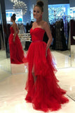 LTP1243,Red Strapless Tulle Long Prom Dresses,Sleeveless Evening Gown With High HZ0307