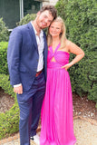 Knot Front Hot Pink Chiffon Halter Maxi HZ0307