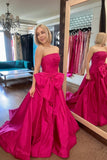 Strapless Fuchsia Ruched Satin Long Prom Dress with HZ0307