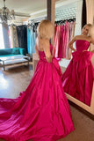 Strapless Fuchsia Ruched Satin Long Prom Dress with HZ0307