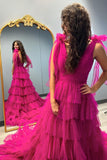 Tie Shoulders Yellow Tulle Ruffle Long Party HZ0307