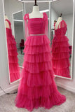 Fuchsia Tulle Tiered Ruffles Party Dress with Tie HZ0307