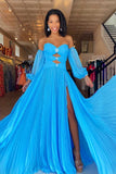 Blue A-Line Chiffon Pleated Split Long Party Prom HZ0307