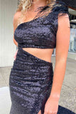 One Shoulder Feather Sequined Long Prom HZ0307