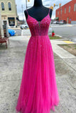 Straps Neon Pink Beaded A-Line Long Prom Dress, Evening Formal HZ0307