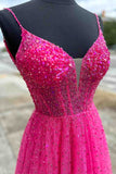 Straps Neon Pink Beaded A-Line Long Prom Dress, Evening Formal HZ0307