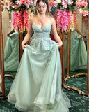 Straps Sage Green Appliques Tulle Long Formal HZ0307