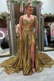 Off the Shoulder Gold Metallic Pleated Long Formal HZ0307