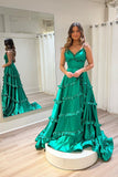 Straps Green Ruffles V neck Long Prom HZ0307